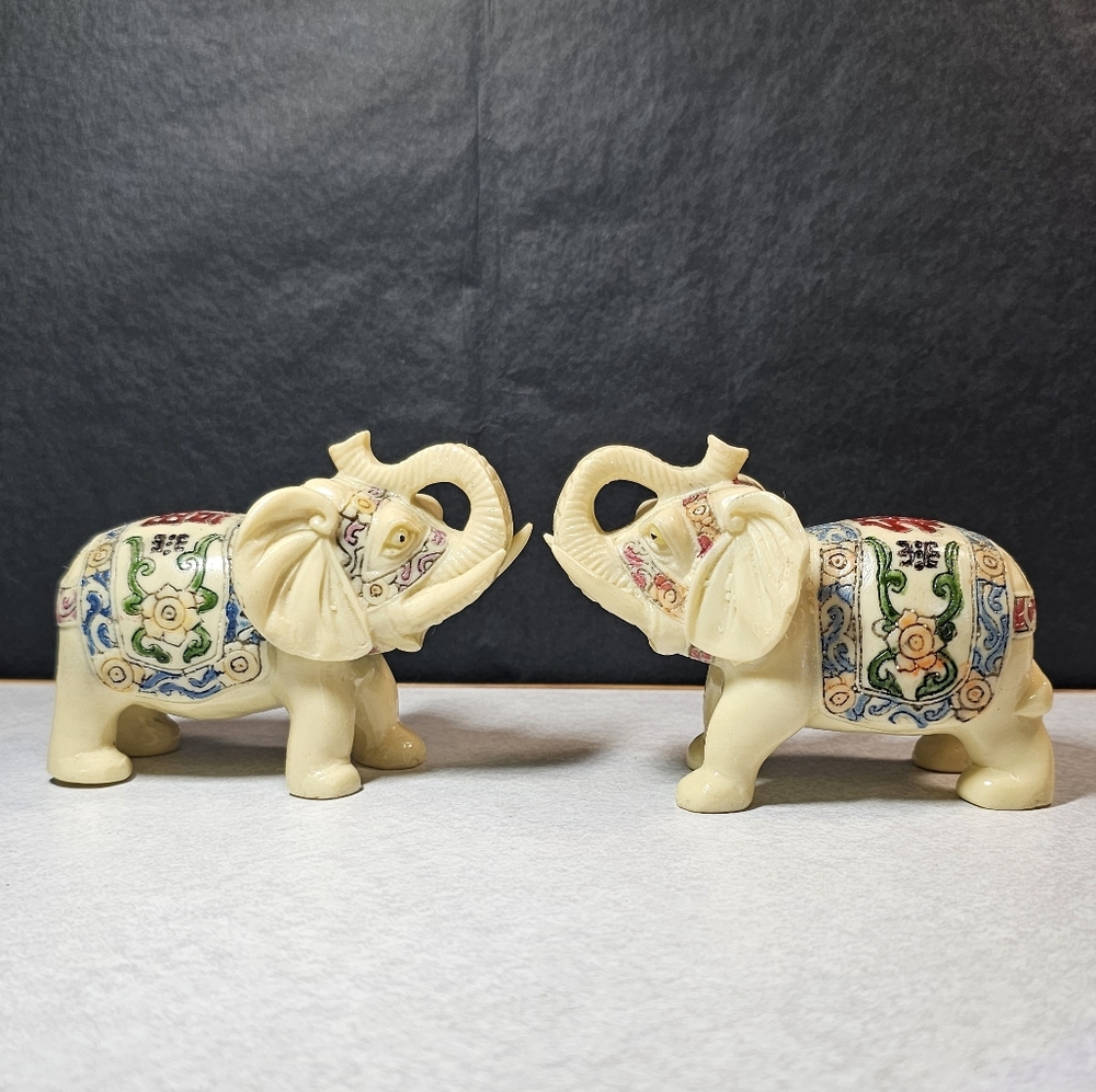 💥 SOLD 💥 Intricate Cream Elephant Figurines with Colorful Patterns